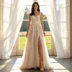 Elegante Abendrobe mit Floral-Spitze & Beinschlitz - Exklusives A-Linien-Kleid - Elfenbein