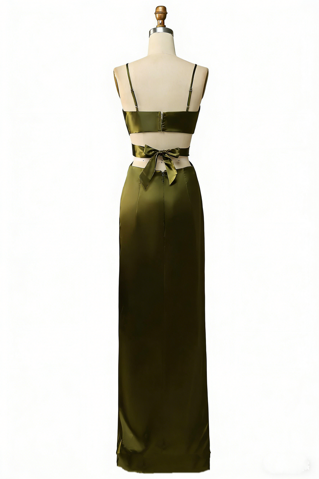 Elegantes Maxikleid in Olivgrün – Spaghettiträgern, Cut-Outs und Beinschlitz
