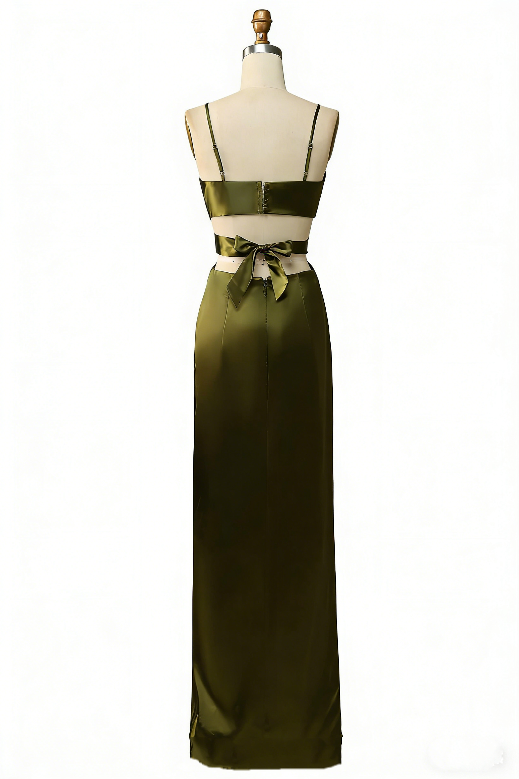 Elegantes Maxikleid in Olivgrün – Spaghettiträgern, Cut-Outs und Beinschlitz