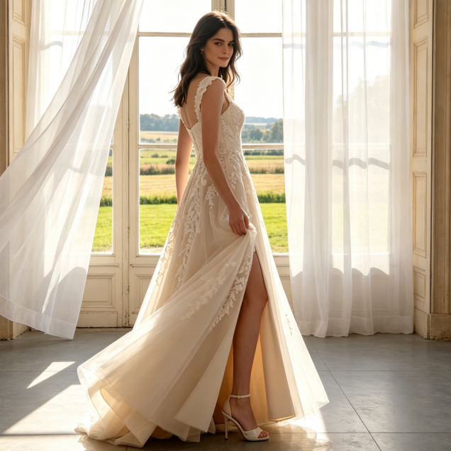 Elegante Abendrobe mit Floral-Spitze & Beinschlitz - Exklusives A-Linien-Kleid - Elfenbein