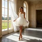 Elegantes Etuikleid in strahlendem Kurzes Weiß – A-Linien-Modell mit femininem Herzausschnitt und zartem Tüll-Finish