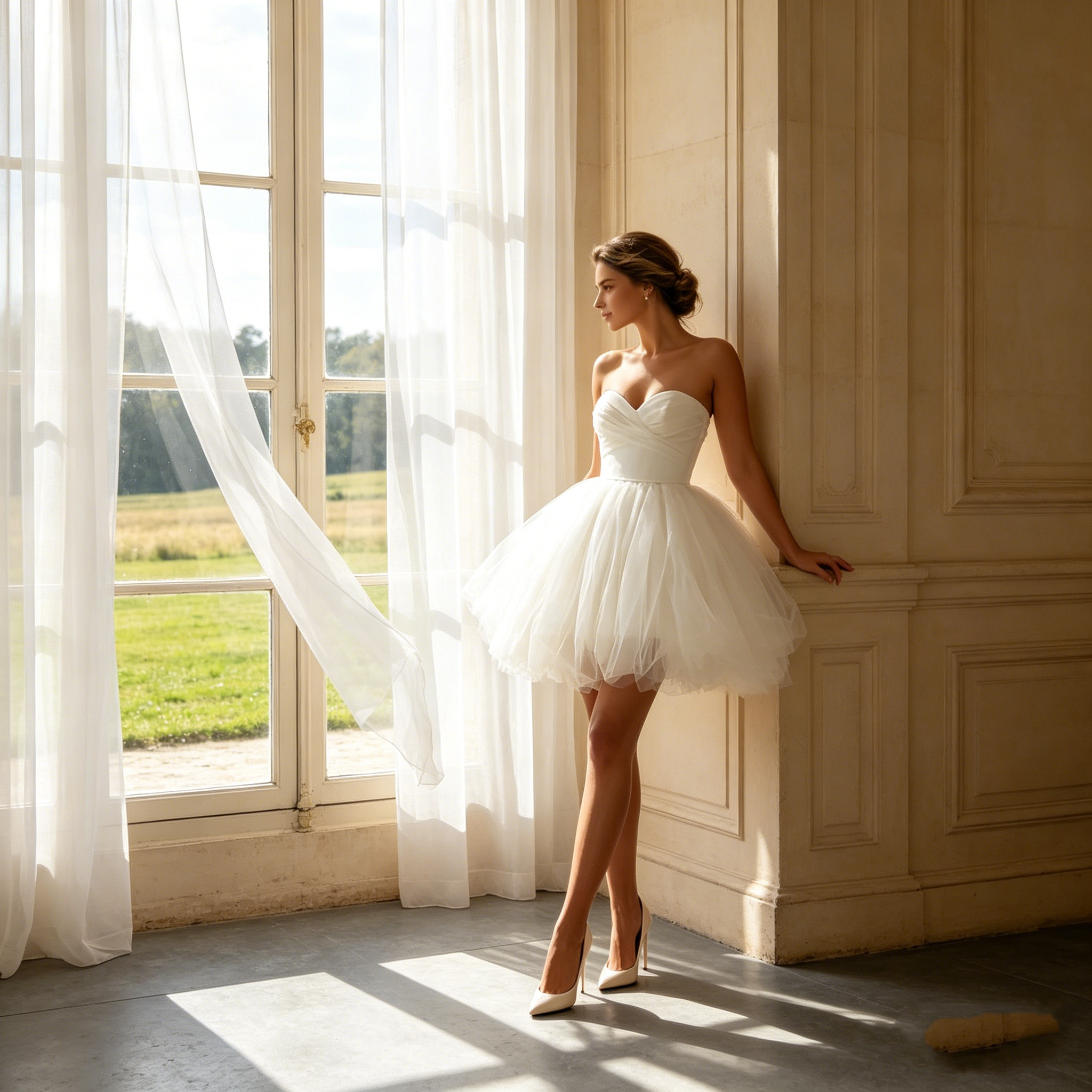 Elegantes Etuikleid in strahlendem Kurzes Weiß – A-Linien-Modell mit femininem Herzausschnitt und zartem Tüll-Finish