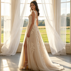 Elegante Abendrobe mit Floral-Spitze & Beinschlitz - Exklusives A-Linien-Kleid - Elfenbein