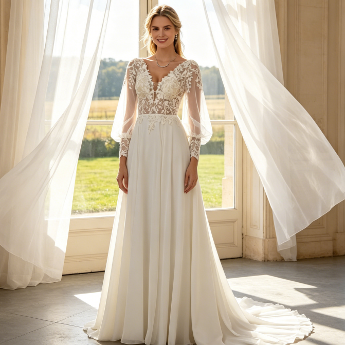 Exklusive Abendrobe mit Spitzen-Oberteil & Langen Puffärmeln - Elegantes Bodenlanges Kleid - Elfenbein