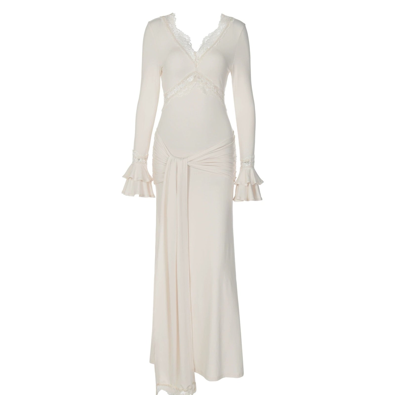 Exquisites Langarm-Maxi-Kleid mit Trompetenärmeln – Modisches Spitzenkleid mit figurbetonter Silhouette für stilvolle Fotoshootings