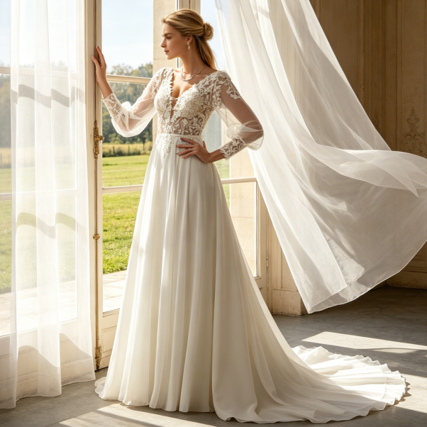 Exklusive Abendrobe mit Spitzen-Oberteil & Langen Puffärmeln - Elegantes Bodenlanges Kleid - Elfenbein