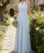 Elegantes Maxikleid in Himmelblau – Fließendes Chiffon-Beinschlitz
