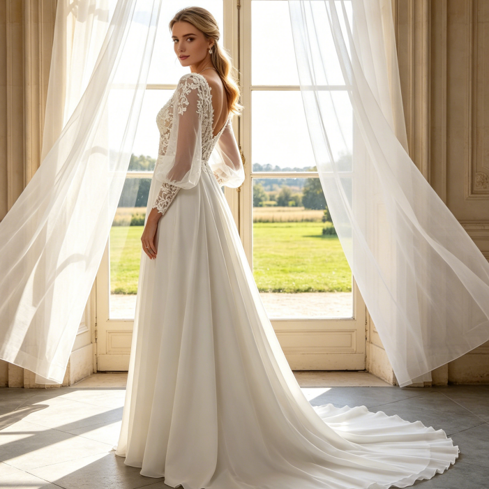 Exklusive Abendrobe mit Spitzen-Oberteil & Langen Puffärmeln - Elegantes Bodenlanges Kleid - Elfenbein