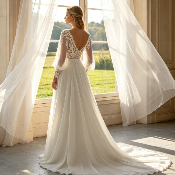 Exklusive Abendrobe mit Spitzen-Oberteil & Langen Puffärmeln - Elegantes Bodenlanges Kleid - Elfenbein
