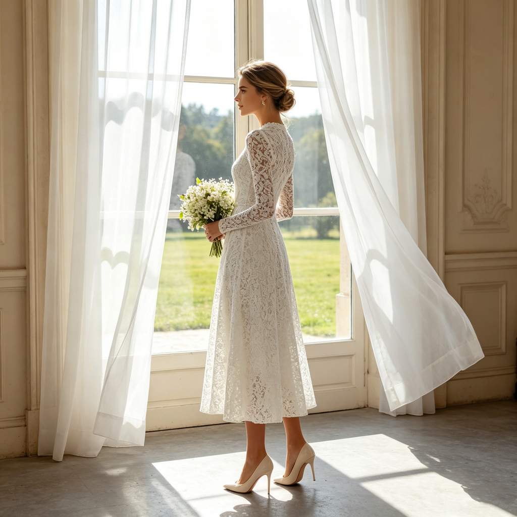 Exklusives Midikleid in Elfenbein – Elegantes A-Linien-Modell aus filigraner Spitze in klassischer Tea-Length