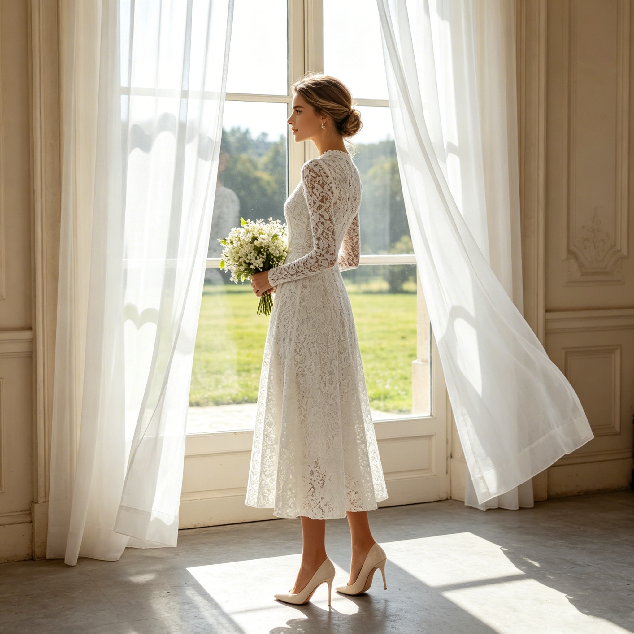 Exklusives Midikleid in Elfenbein – Elegantes A-Linien-Modell aus filigraner Spitze in klassischer Tea-Length