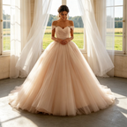 Damen Bodenlanges Abendkleid Champagne Off-Shoulder Tüll-Ballkleid mit Herz-Ausschnitt