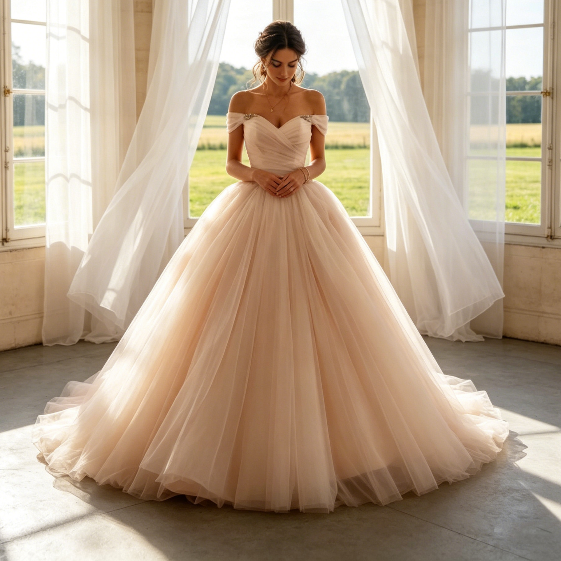 Damen Bodenlanges Abendkleid Champagne Off-Shoulder Tüll-Ballkleid mit Herz-Ausschnitt