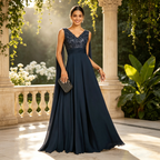 Bodenlanges Abendkleid für Damen, Dunkelblau, Pailletten-Oberteil, V-Ausschnitt, Chiffon-Rock