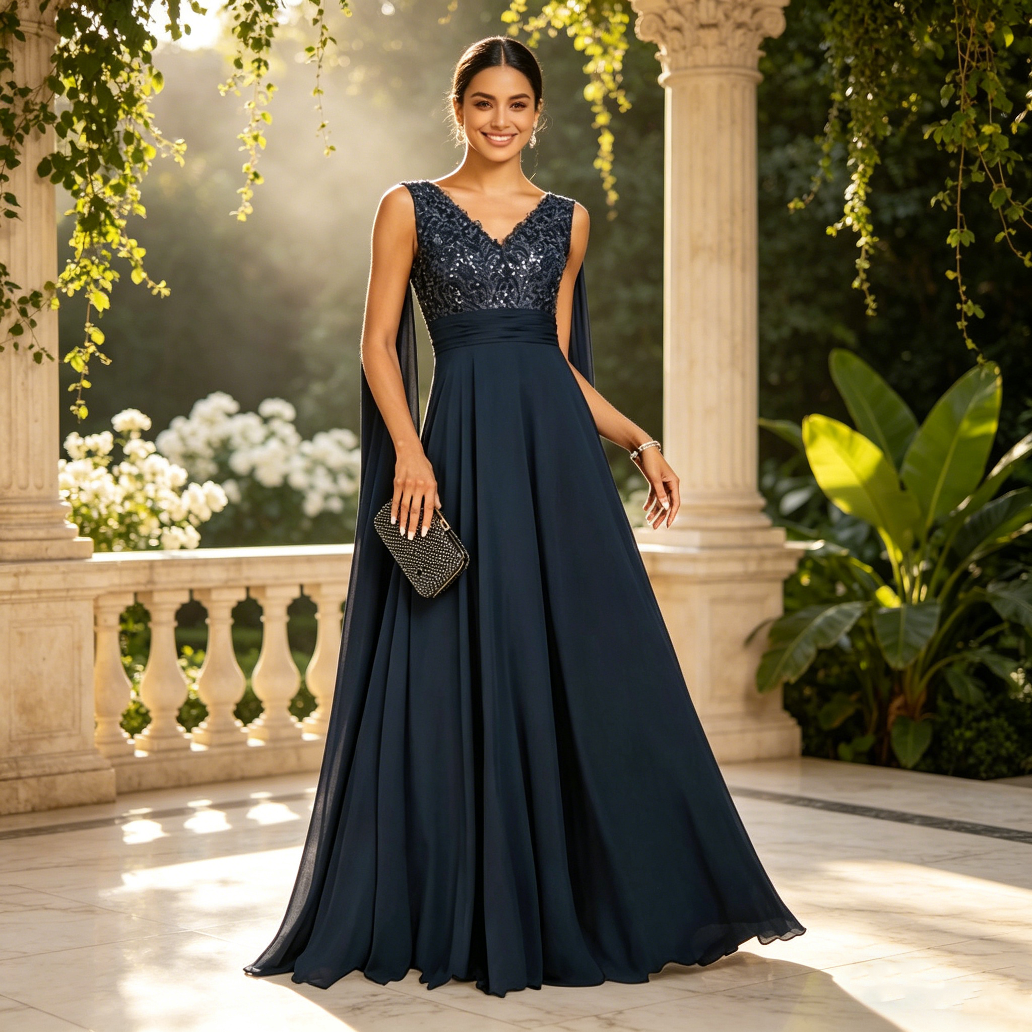 Bodenlanges Abendkleid für Damen, Dunkelblau, Pailletten-Oberteil, V-Ausschnitt, Chiffon-Rock