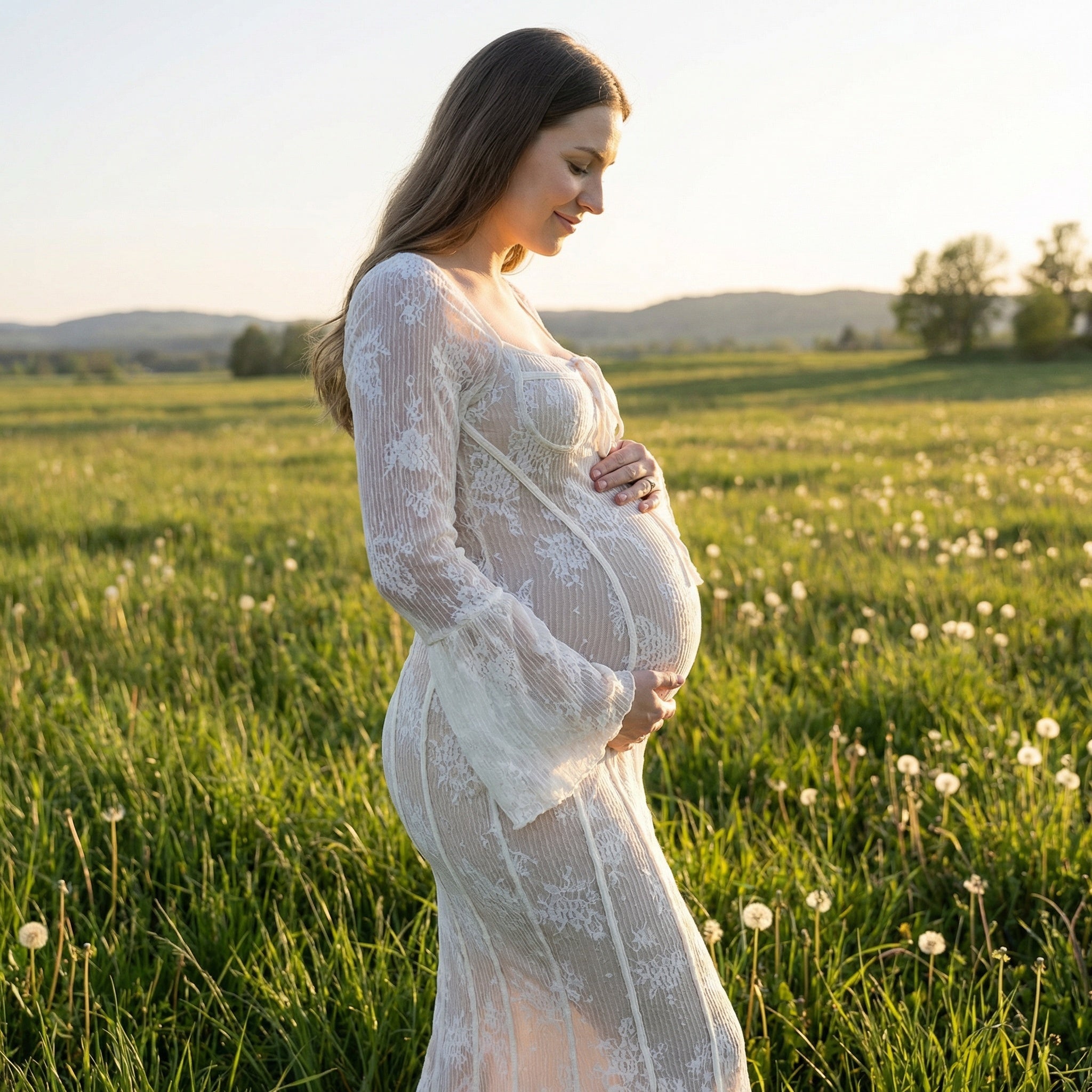 Elegantes Langarm-Spitzenkleid im Boho-Stil – Tailliertes Maxi-Kleid mit Trompetenärmeln und Fischausschnitt für Strandfotografie & besondere Anlässe