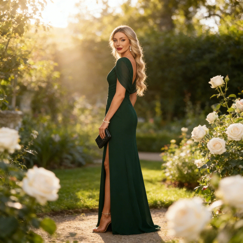 Elegantes Abendkleid Dunkelgrün V-Ausschnitt mit Cape-Ärmeln und Beinschlitz