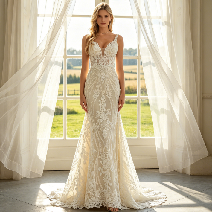 Luxuriöse Abendrobe mit geometrischer Spitze - Elegantes Meerjungfrau-Kleid in Elfenbein