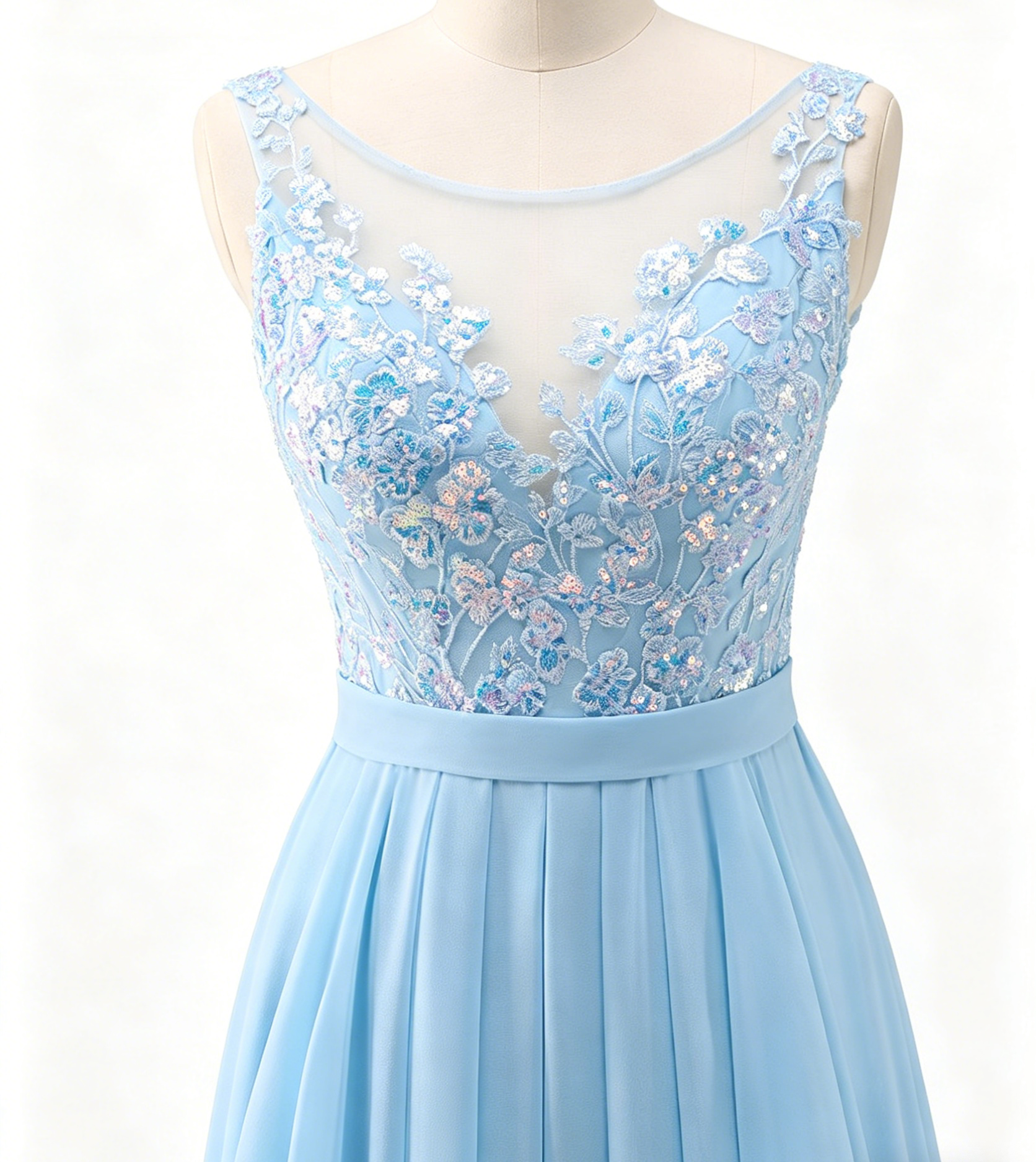 Funkelndes Maxikleid in Himmelblau – Elegantes Plissee Bateau-Ausschnitt