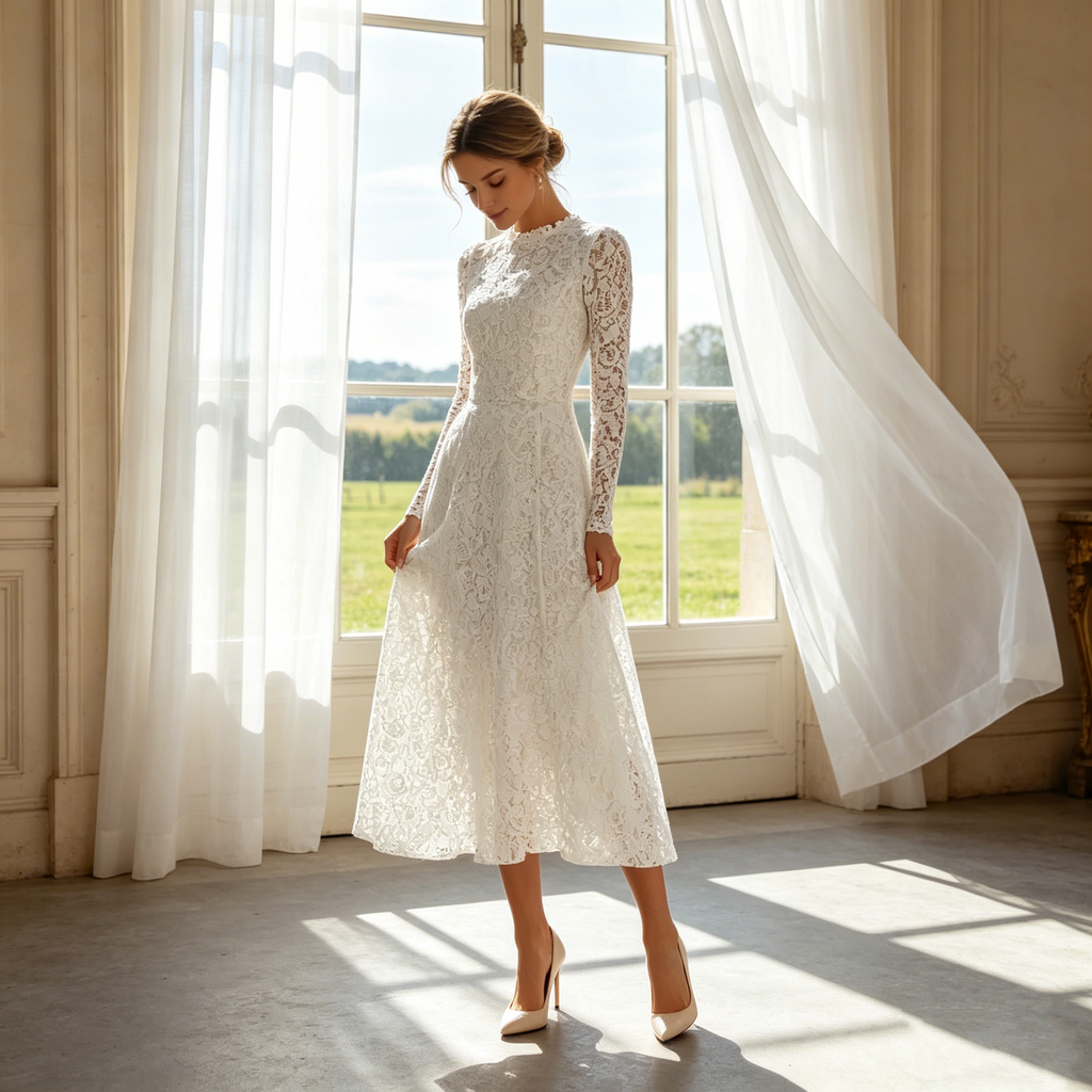 Exklusives Midikleid in Elfenbein – Elegantes A-Linien-Modell aus filigraner Spitze in klassischer Tea-Length
