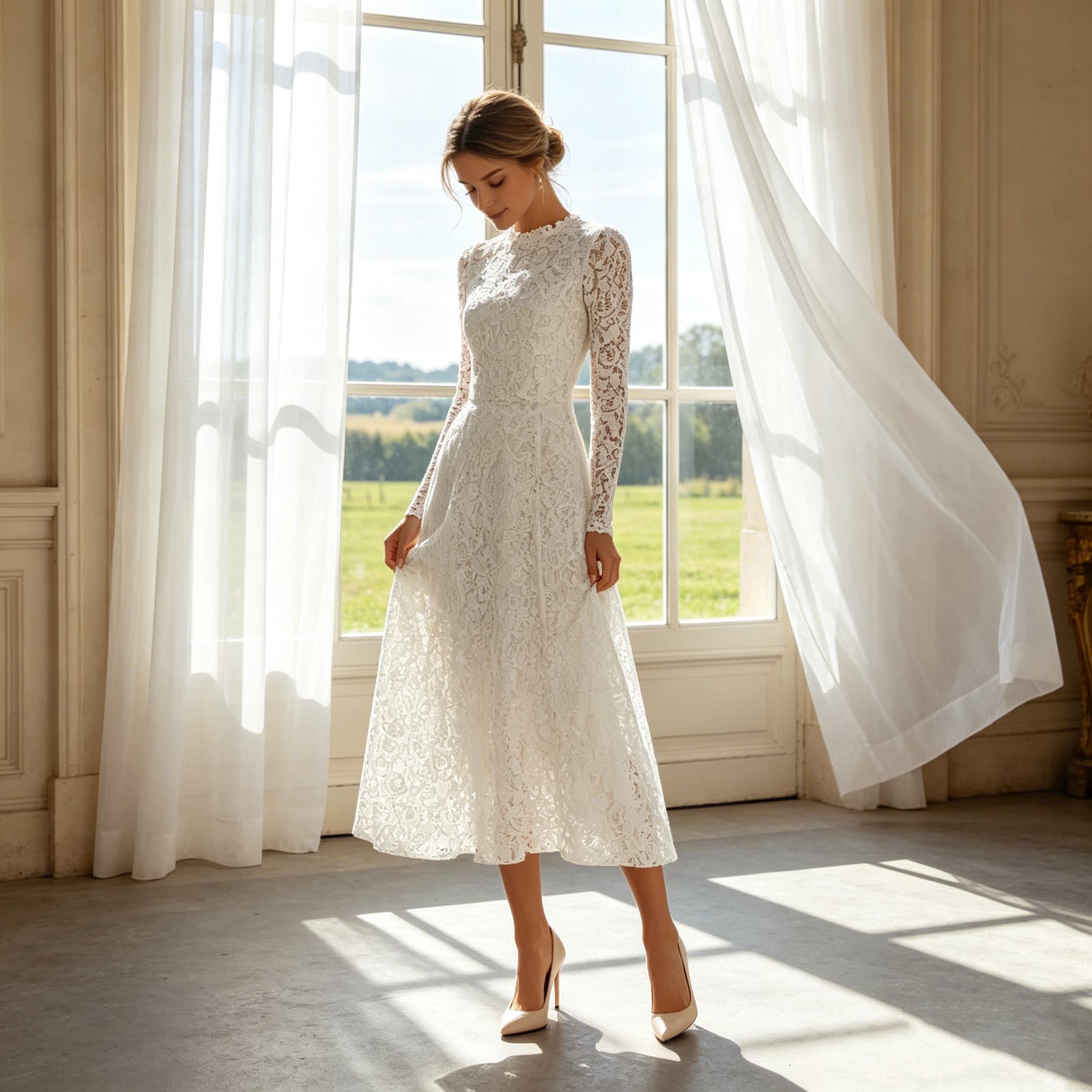 Exklusives Midikleid in Elfenbein – Elegantes A-Linien-Modell aus filigraner Spitze in klassischer Tea-Length
