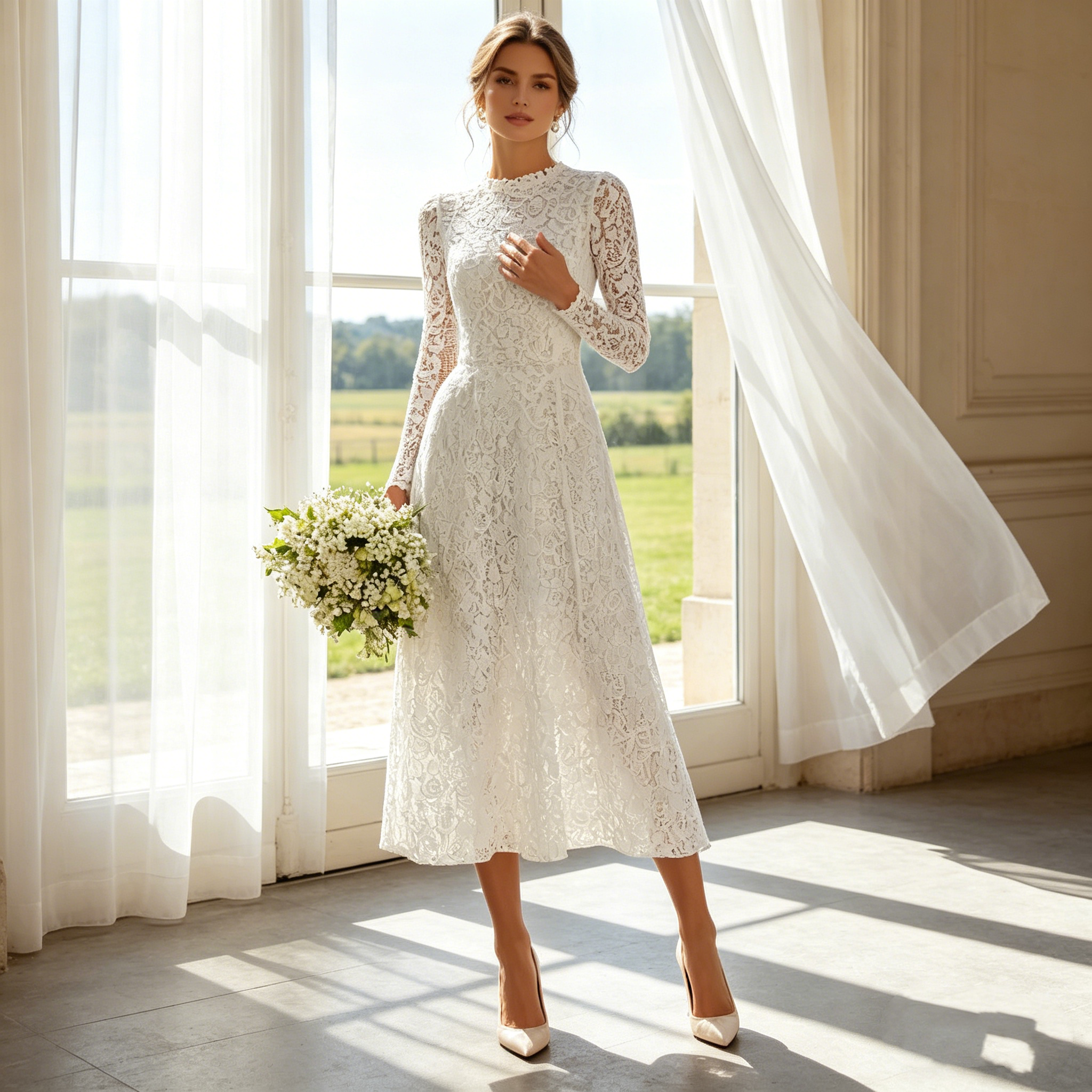 Exklusives Midikleid in Elfenbein – Elegantes A-Linien-Modell aus filigraner Spitze in klassischer Tea-Length
