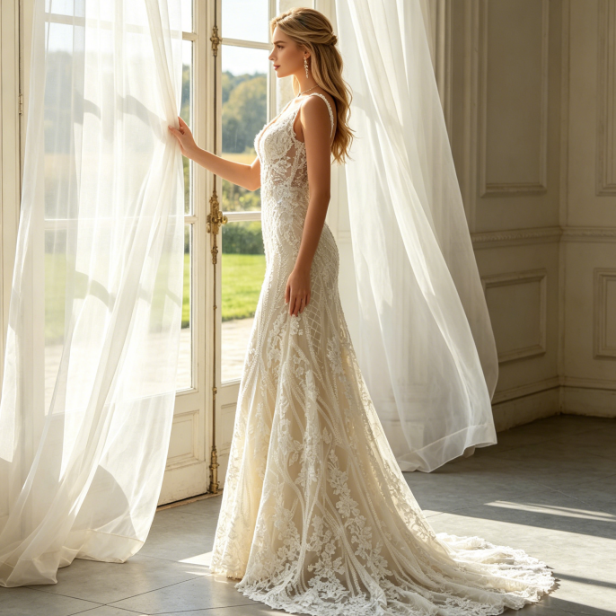 Luxuriöse Abendrobe mit geometrischer Spitze - Elegantes Meerjungfrau-Kleid in Elfenbein