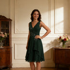 Elegantes Cocktailkleid Dunkelgrün mit V-Ausschnitt, Pailletten-Stickerei und Volants