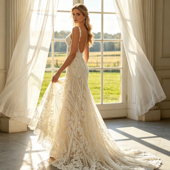 Luxuriöse Abendrobe mit geometrischer Spitze - Elegantes Meerjungfrau-Kleid in Elfenbein