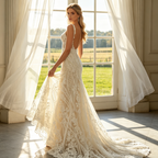 Luxuriöse Abendrobe mit geometrischer Spitze - Elegantes Meerjungfrau-Kleid in Elfenbein