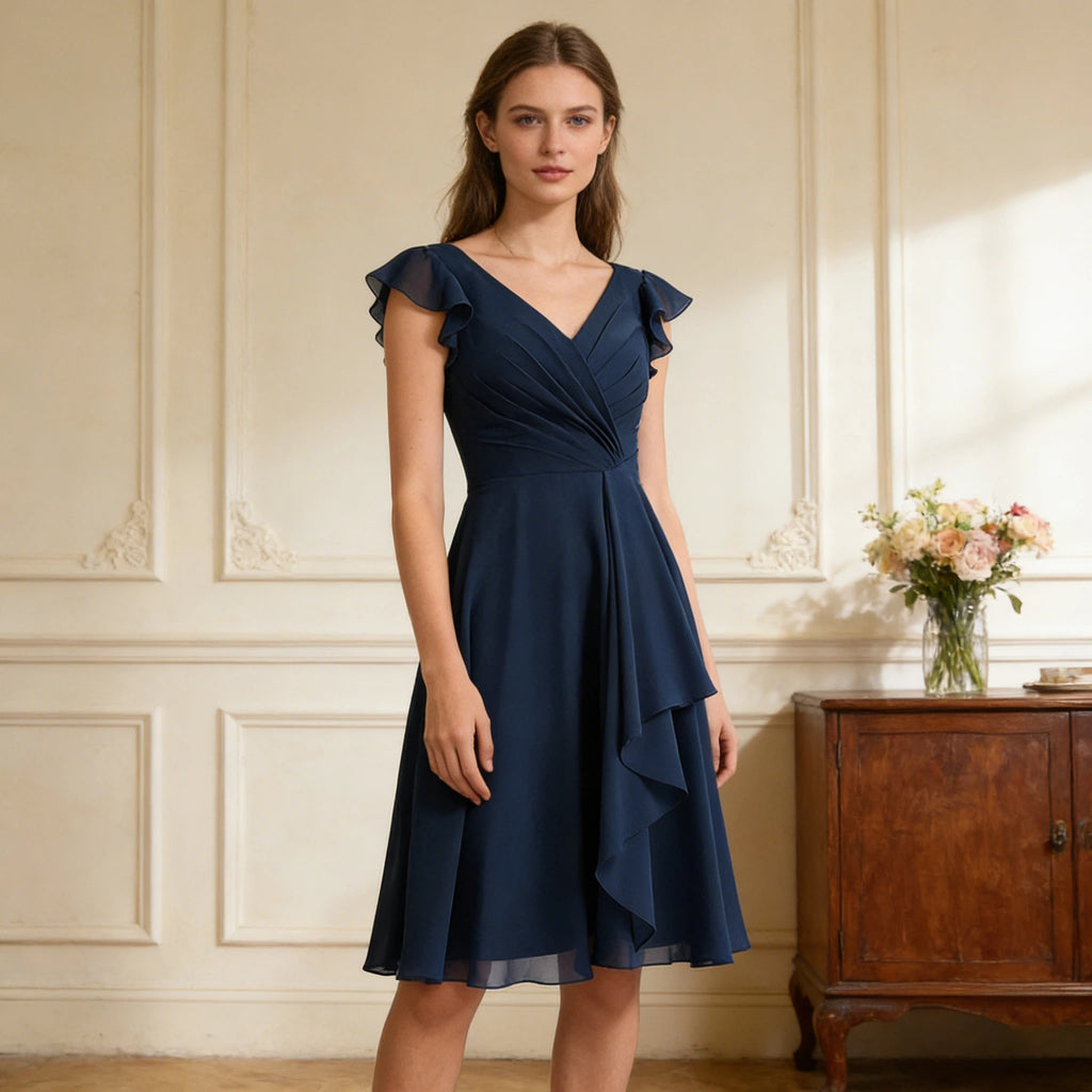Elegantes Cocktailkleid Navyblau mit V-Ausschnitt, Wickel-Detail und Rüschenärmeln
