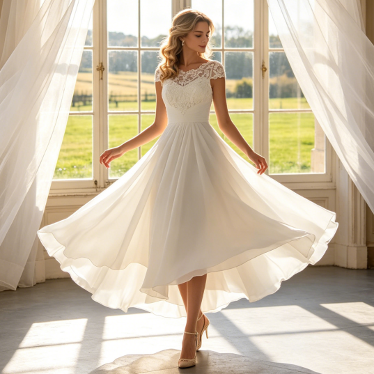 Elegantes Midikleid High-Low Eventkleid mit Spitzen-Oberteil - Luftiges Chiffon-Kleid in Elfenbein