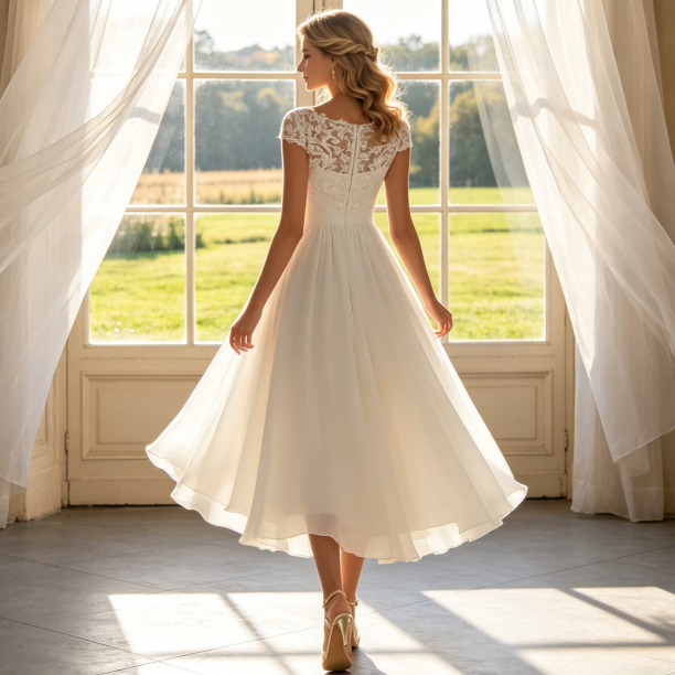 Elegantes Midikleid High-Low Eventkleid mit Spitzen-Oberteil - Luftiges Chiffon-Kleid in Elfenbein