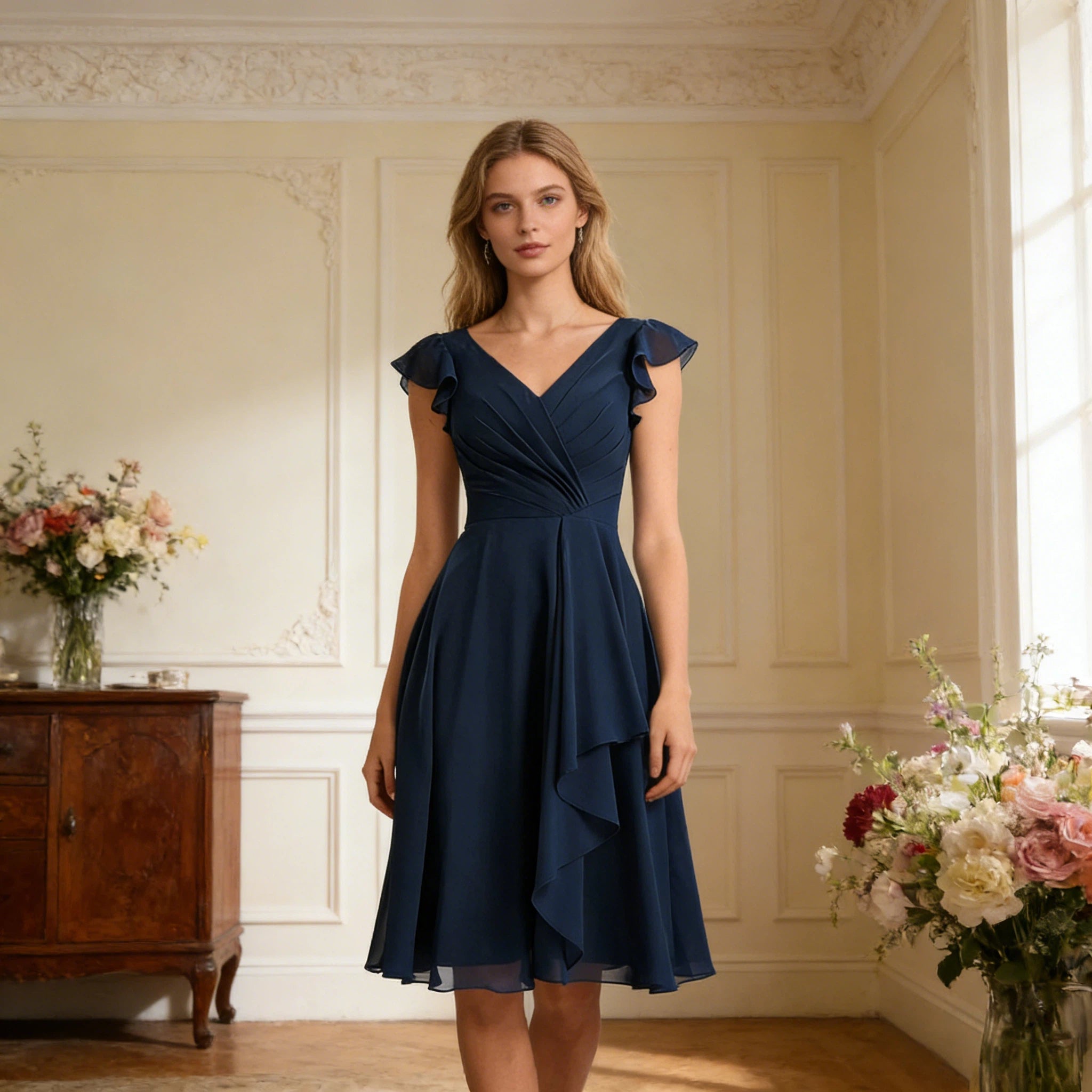 Elegantes Cocktailkleid Navyblau mit V-Ausschnitt, Wickel-Detail und Rüschenärmeln