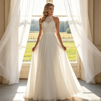 Elegante Abendrobe mit Neckholder-Spitze & fließendem Rock - Exklusives A-Linien-Kleid - Elfenbein