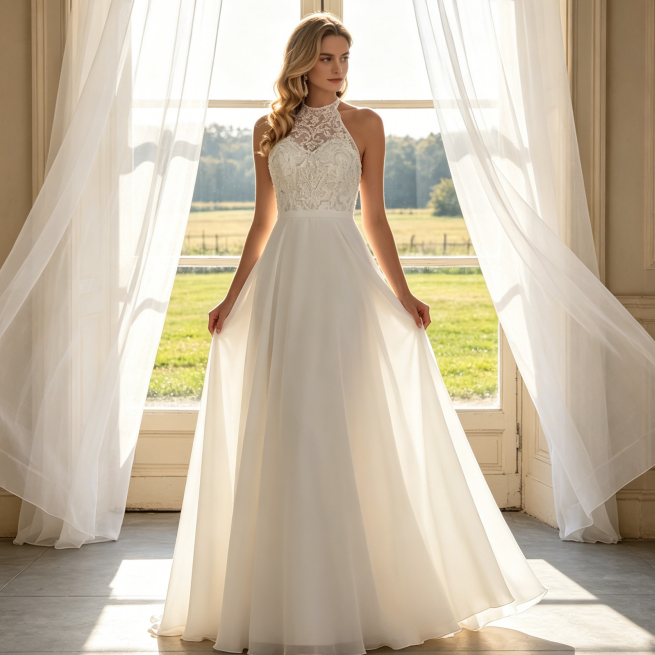 Elegante Abendrobe mit Neckholder-Spitze & fließendem Rock - Exklusives A-Linien-Kleid - Elfenbein