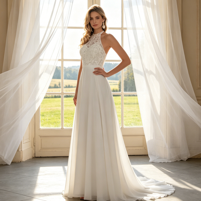 Elegante Abendrobe mit Neckholder-Spitze & fließendem Rock - Exklusives A-Linien-Kleid - Elfenbein