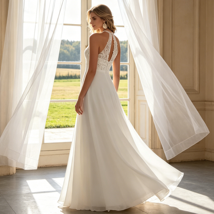 Elegante Abendrobe mit Neckholder-Spitze & fließendem Rock - Exklusives A-Linien-Kleid - Elfenbein
