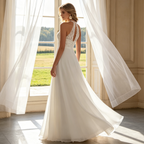 Elegante Abendrobe mit Neckholder-Spitze & fließendem Rock - Exklusives A-Linien-Kleid - Elfenbein