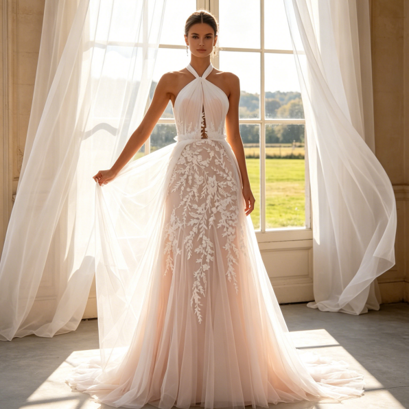 Edle Maxirobe aus Floral-Spitze mit Stehkragen & Langarm - Elegantes Etuikleid in Elfenbein