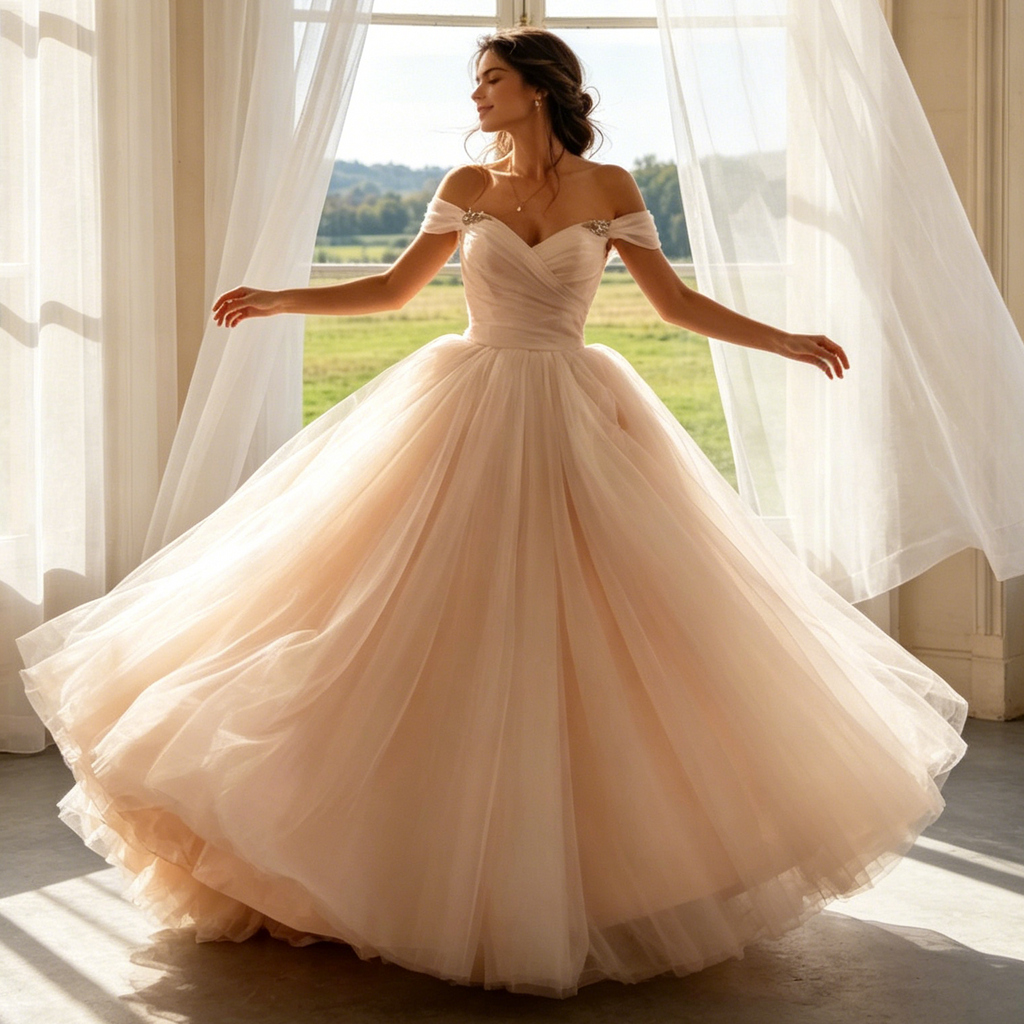 Damen Bodenlanges Abendkleid Champagne Off-Shoulder Tüll-Ballkleid mit Herz-Ausschnitt