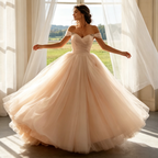 Damen Bodenlanges Abendkleid Champagne Off-Shoulder Tüll-Ballkleid mit Herz-Ausschnitt