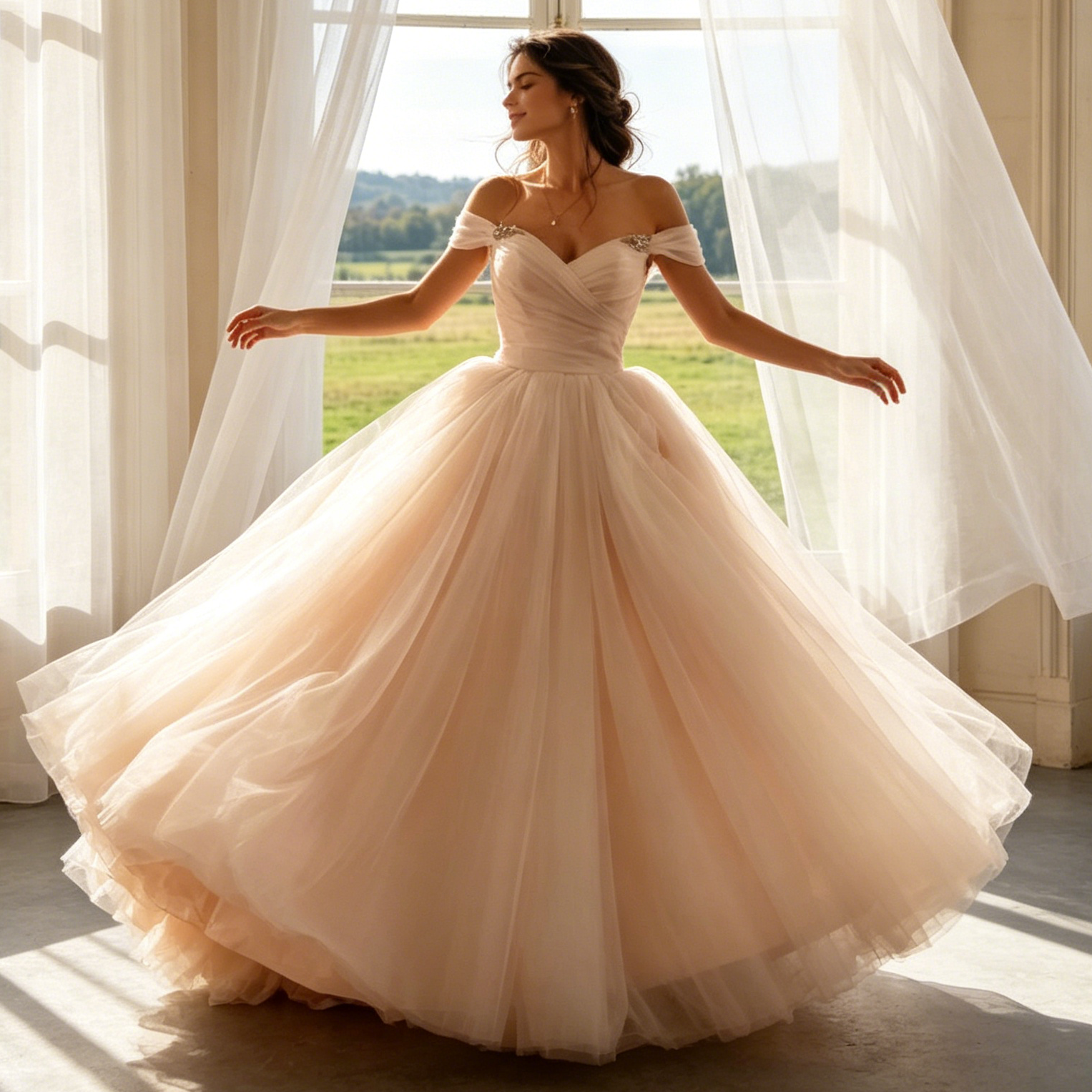 Damen Bodenlanges Abendkleid Champagne Off-Shoulder Tüll-Ballkleid mit Herz-Ausschnitt