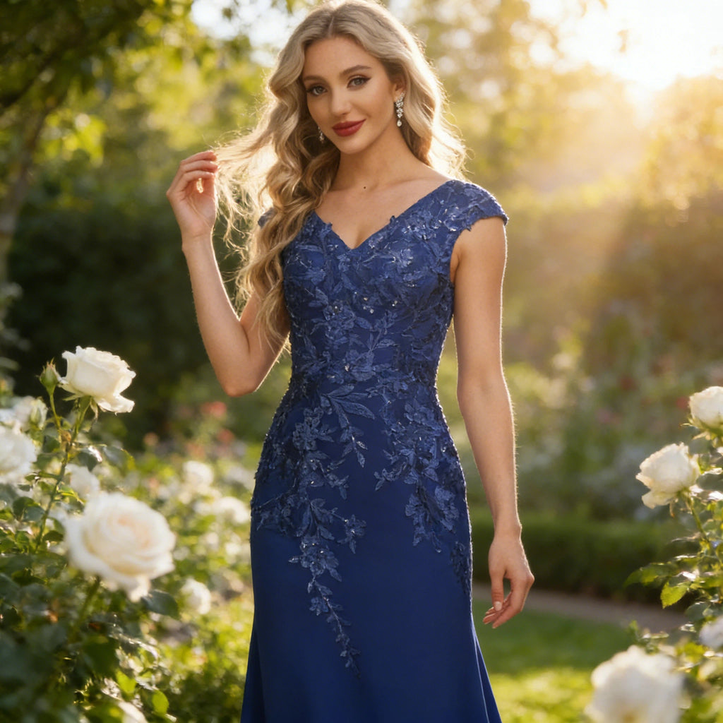 Edles Abendkleid Königsblau mit Spitzen-Applikationen und Pailletten Bodenlang