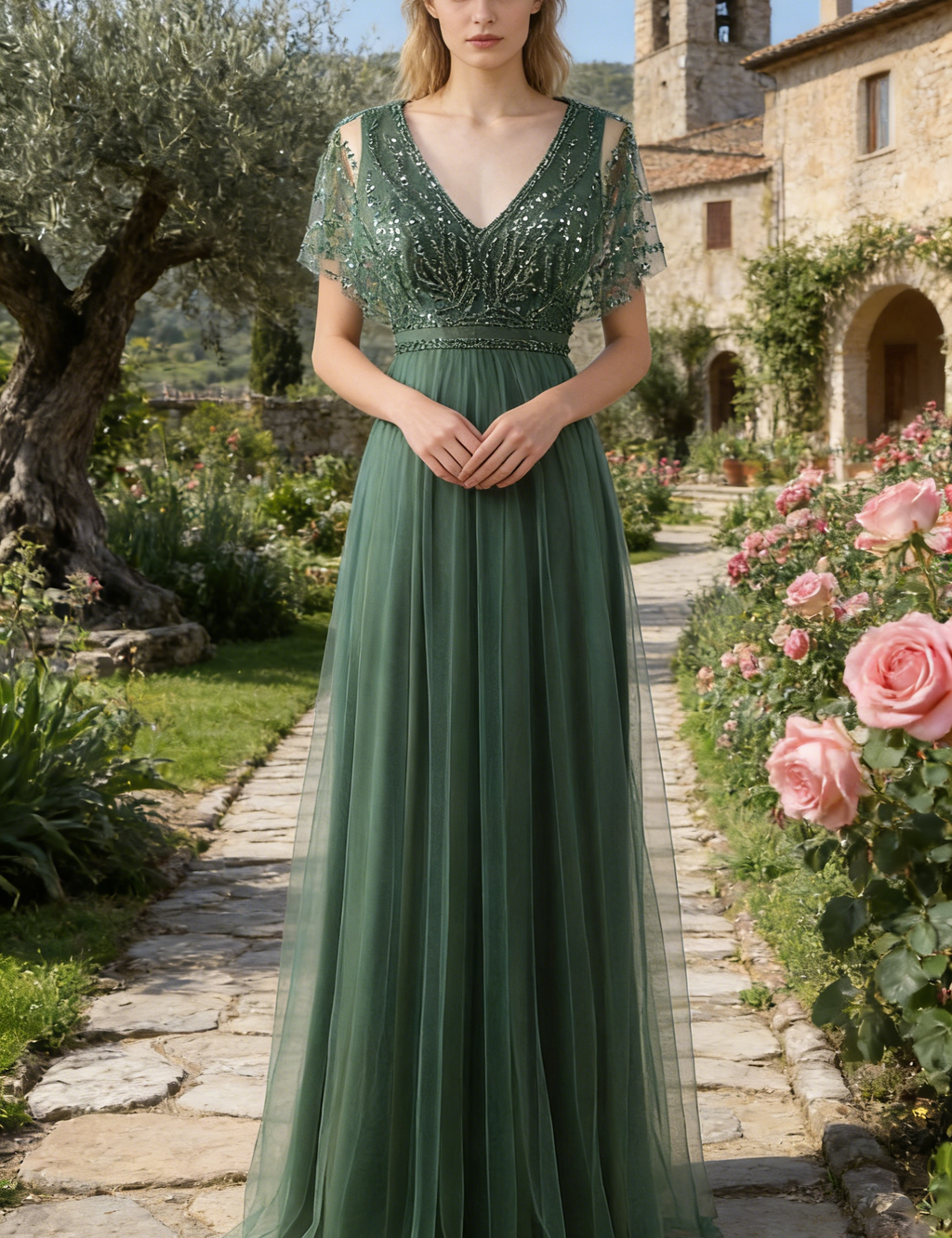 Elegantes Maxikleid in Eukalyptus mit Perlenstickerei – A-Linie V-Ausschnitt