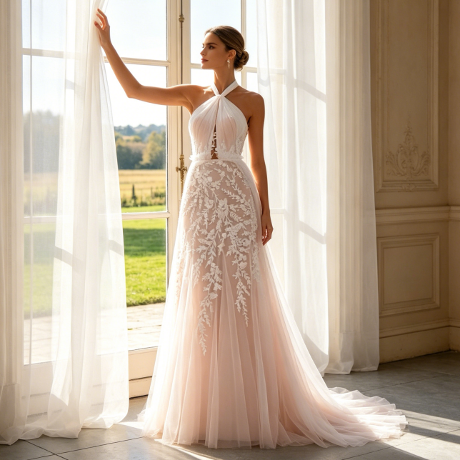 Edle Maxirobe aus Floral-Spitze mit Stehkragen & Langarm - Elegantes Etuikleid in Elfenbein