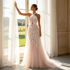 Edle Maxirobe aus Floral-Spitze mit Stehkragen & Langarm - Elegantes Etuikleid in Elfenbein