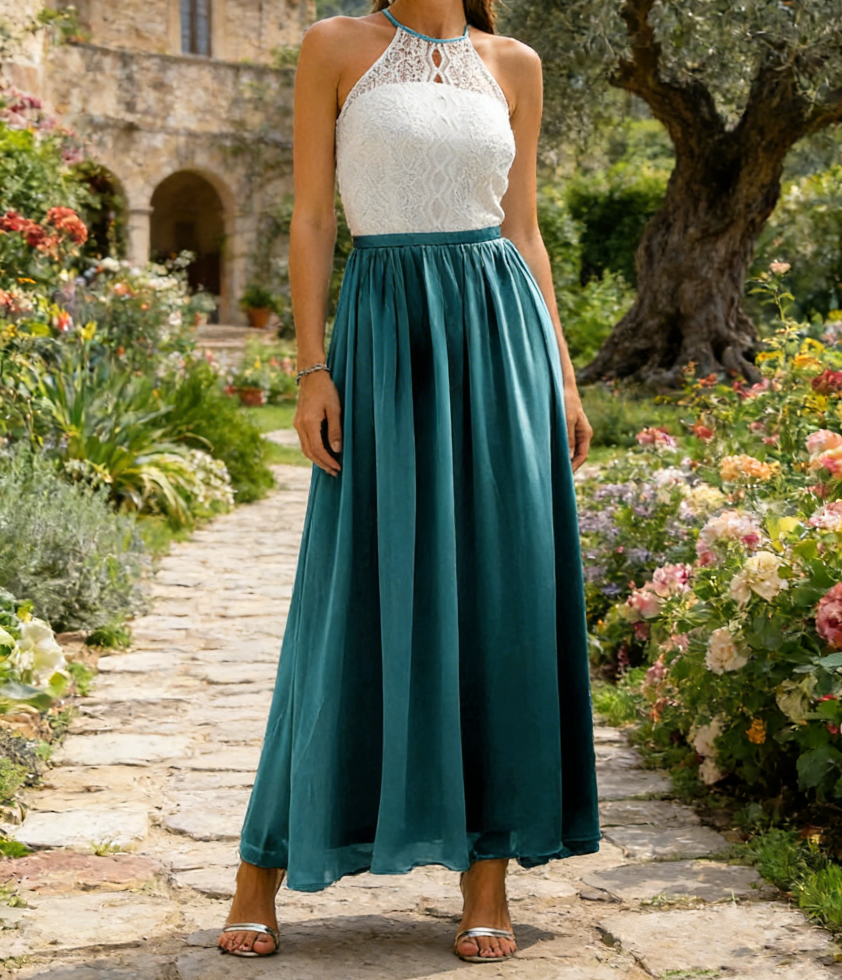 Exquisites Abendkleid in Pfauenblau – Bodenlanges Hochzeitsgast-Kleid mit tiefem Rückenausschnitt