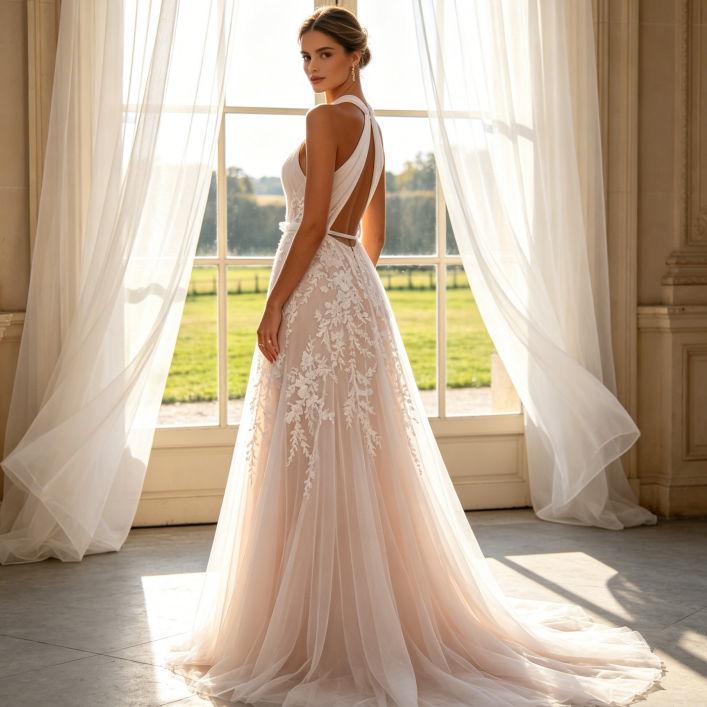 Edle Maxirobe aus Floral-Spitze mit Stehkragen & Langarm - Elegantes Etuikleid in Elfenbein