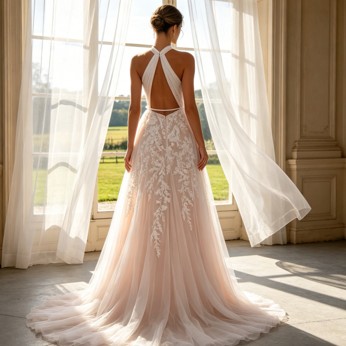 Edle Maxirobe aus Floral-Spitze mit Stehkragen & Langarm - Elegantes Etuikleid in Elfenbein